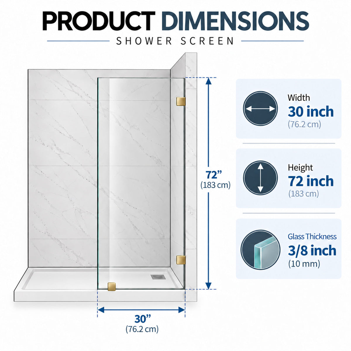 Frameless Bathtub Shower Screen, Reversible Installation