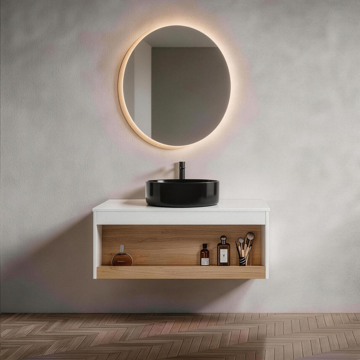 Floating Bathroom Vanity With Vessel Sink With Open Shelf Storage