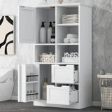 Freestanding Bathroom Storage Cabinet With Doors And Drawers, Adjustable Shelf, Open Shelves - White