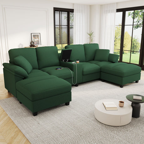 Modern U - Shaped Sectional Sofa With Storage Ottomans, USB Ports, And Cup Holders