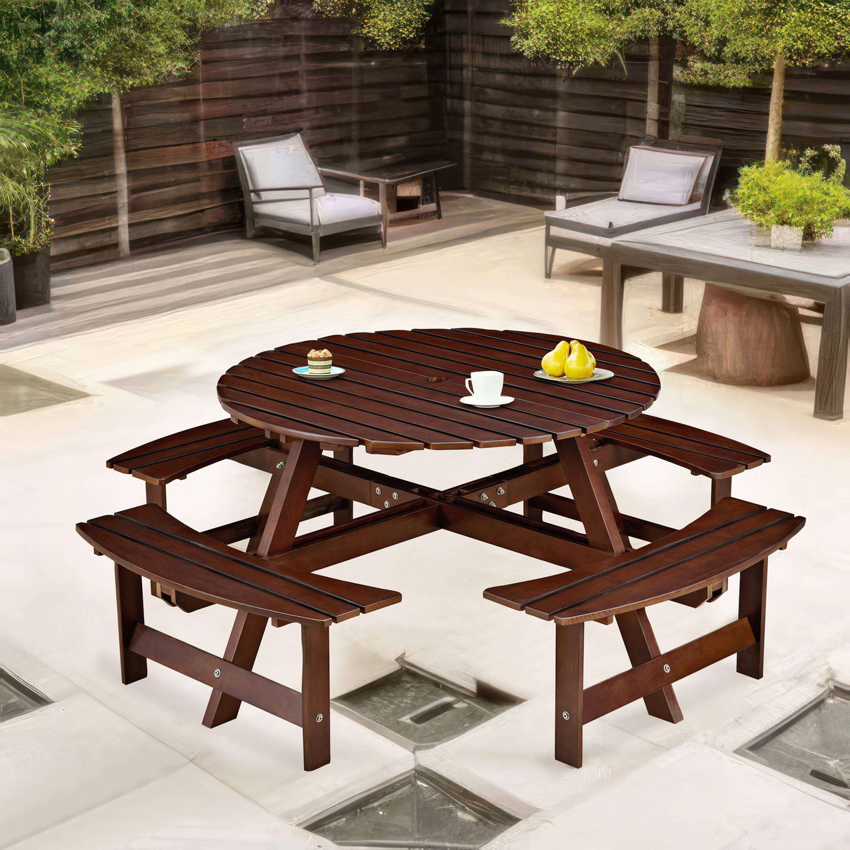 8 Person Round Picnic Table With 4 Built In Benches, Umbrella Hole For Garden - Brown