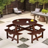 8 Person Round Picnic Table With 4 Built In Benches, Umbrella Hole For Garden - Brown