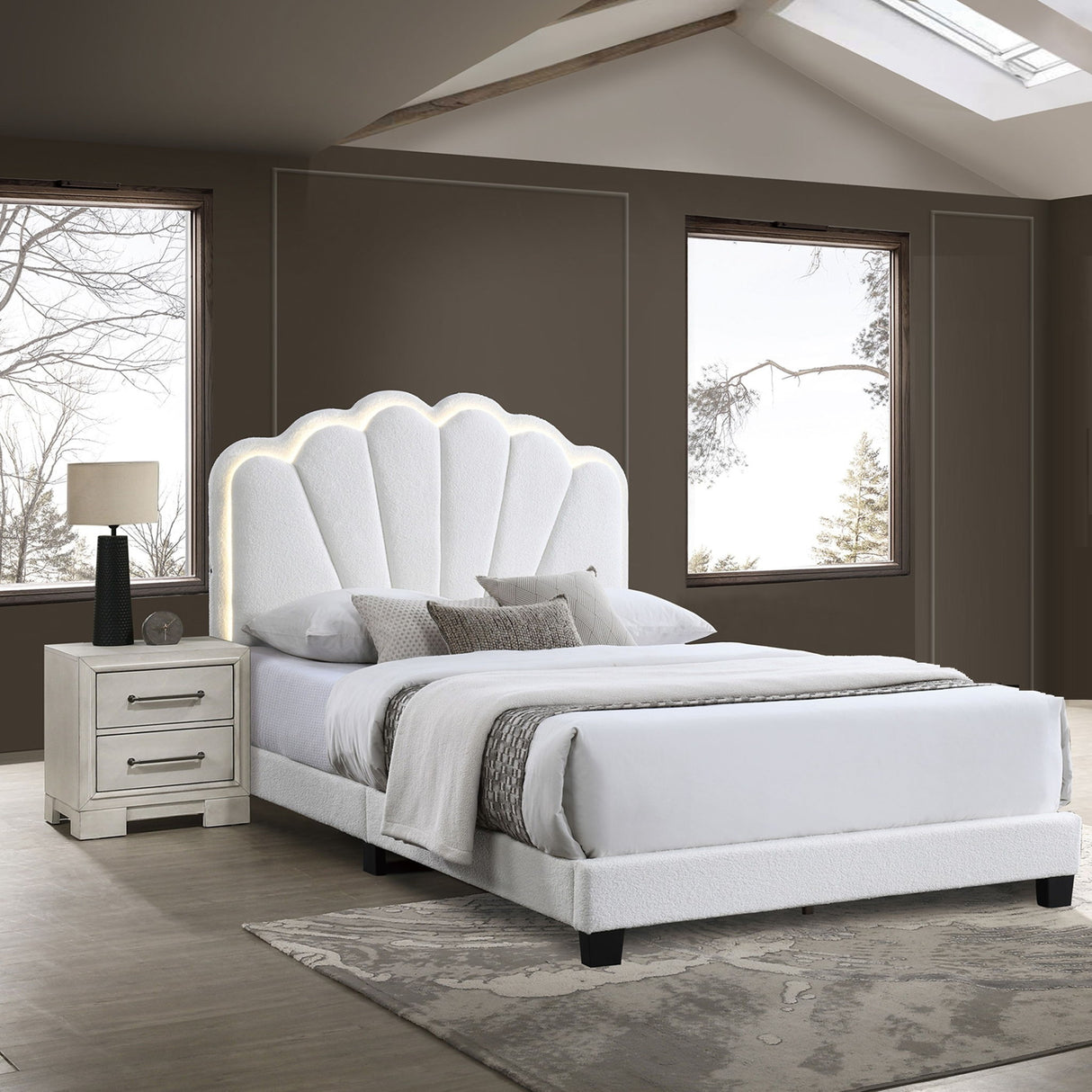 Bed With Floral Design Headboard And Built In LED Lighting