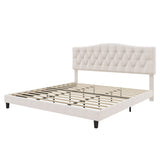 King Upholstered Platform Bed With Curved Adjustable Headboard And Diamond Tufted Details, No Box Spring Needed - Beige