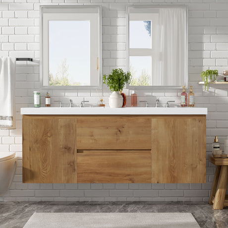 Double Sink Bathroom Vanity, Cabinet & Soft Close Doors, Divided Drawers, Wall Mounted Storage - Wood
