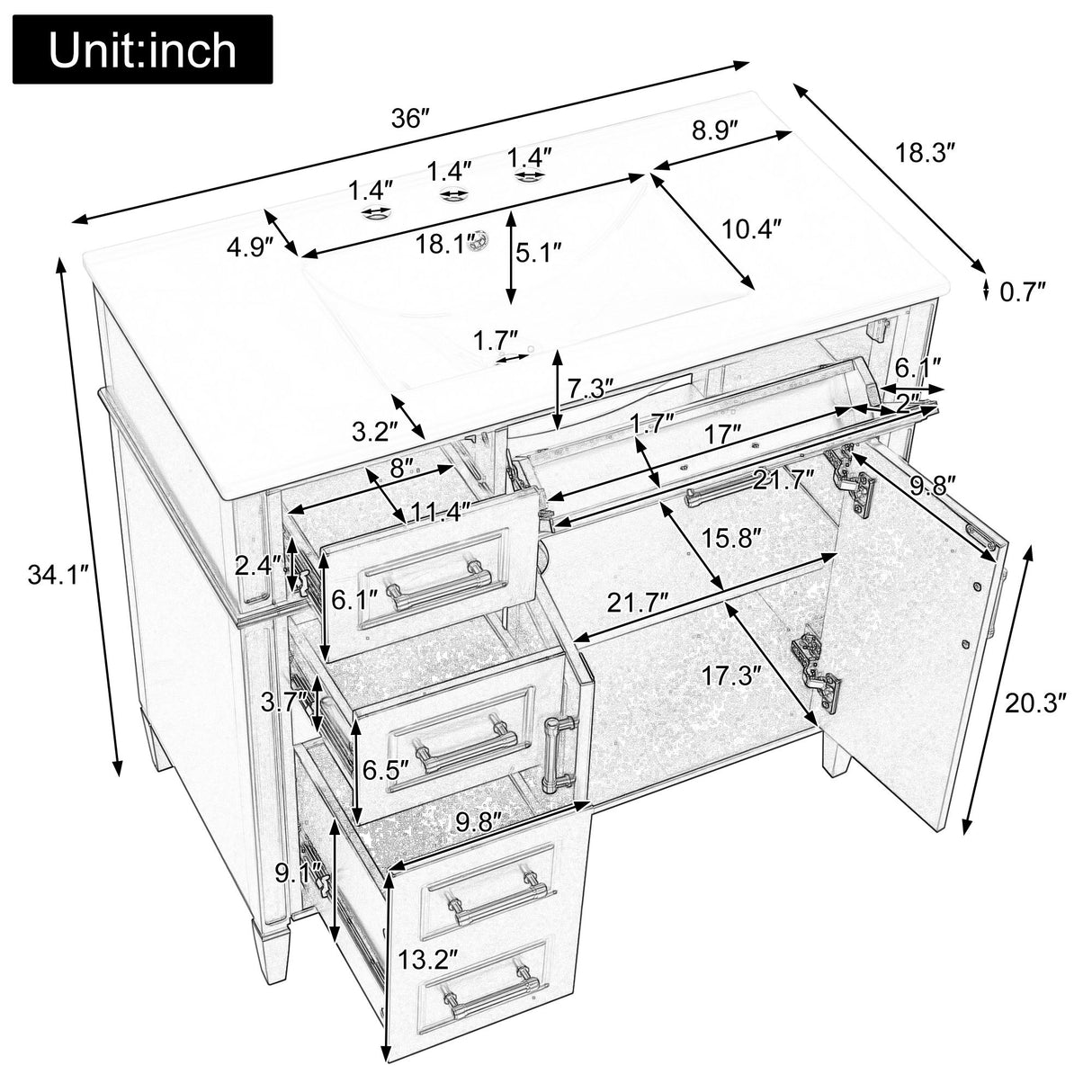 Bathroom Vanity With Sink, 4 Drawers (1 Flip Drawer), 2 Doors & Adjustable Shelf - White
