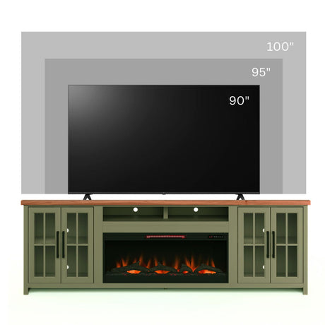 97" Fireplace TV Stand Console For TVs Up To 100" - Sage Green And Fruitwood Finish