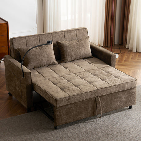 Pull-Out Sleeper Sofa With Reversible Backrest Cushion, Side Pockets, 2 USB Ports And A Phone Holder For Living Room