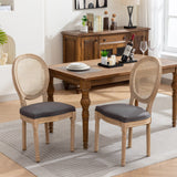 French Style Solid Wood Frame Antique Painting Fabric Rattan Back Dining Chair (Set of 2)