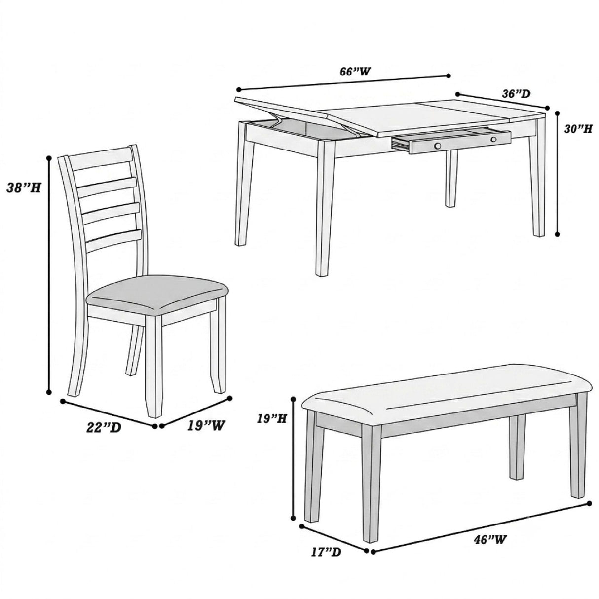 6 Piece Dining Set Table With Storage Ladder Back Chairs And Bench - Walnut