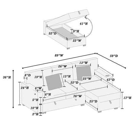 Convertible Sectional With USB / USB - C Port, Storage Chaise, Pull-Out Bed