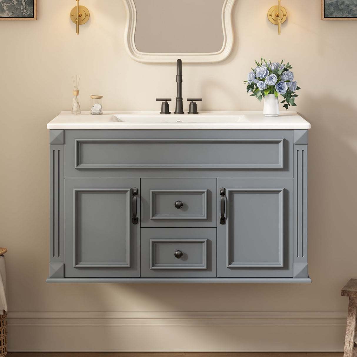 French Simple Style Wall Mounted Bathroom Cabinet With Sink