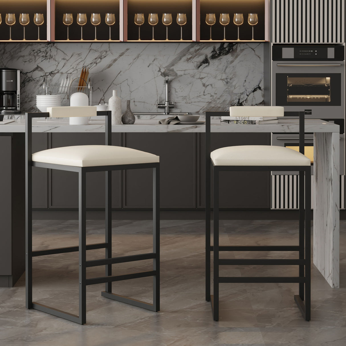 Elegant Bar Stool Set With Backrest And Footrest, Counter Height (Set of 2)