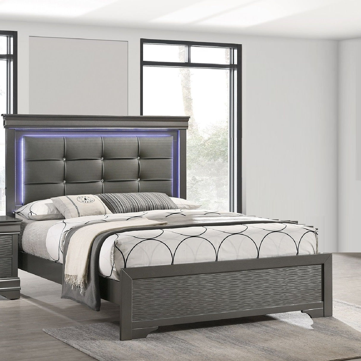 Bed With Square Button Tufting And LED Lights