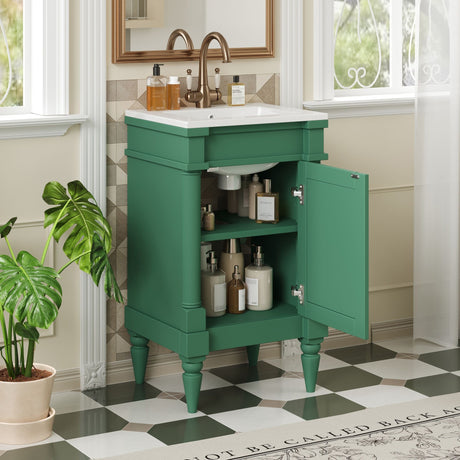 Bathroom Vanity With Sink, Compact Storage Cabinet With Door, Adjustable Shelf, Rectangular Style - Green