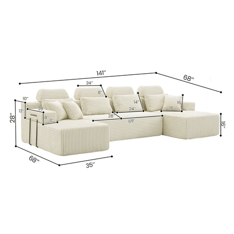 Sectional Sleeper Sofa & Storage Pockets, Modular Couch With Throw Pillows For Living Room