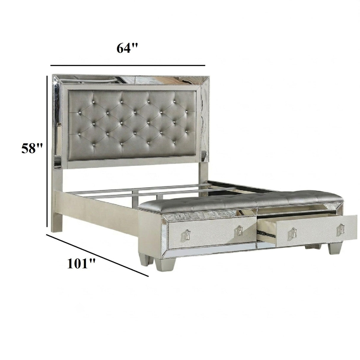 Glamorous Tufted Headboard Bed With Mirror Trim