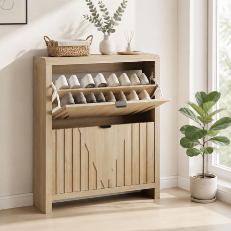 Entryway Shoe Cabinet With Vertical Carved Panels - Oak