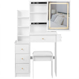 Cabinet Vanity Table & Cushioned Stool, USB Power Station, Hair Dryer Bracket - White