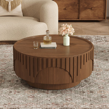 Round Fluted Drum Coffee Table With Sturdy Base For Living Room
