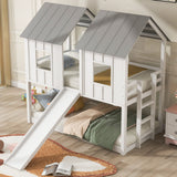 Twin Over Twin House Bunk Bed With Slide And Windows - White / Gray