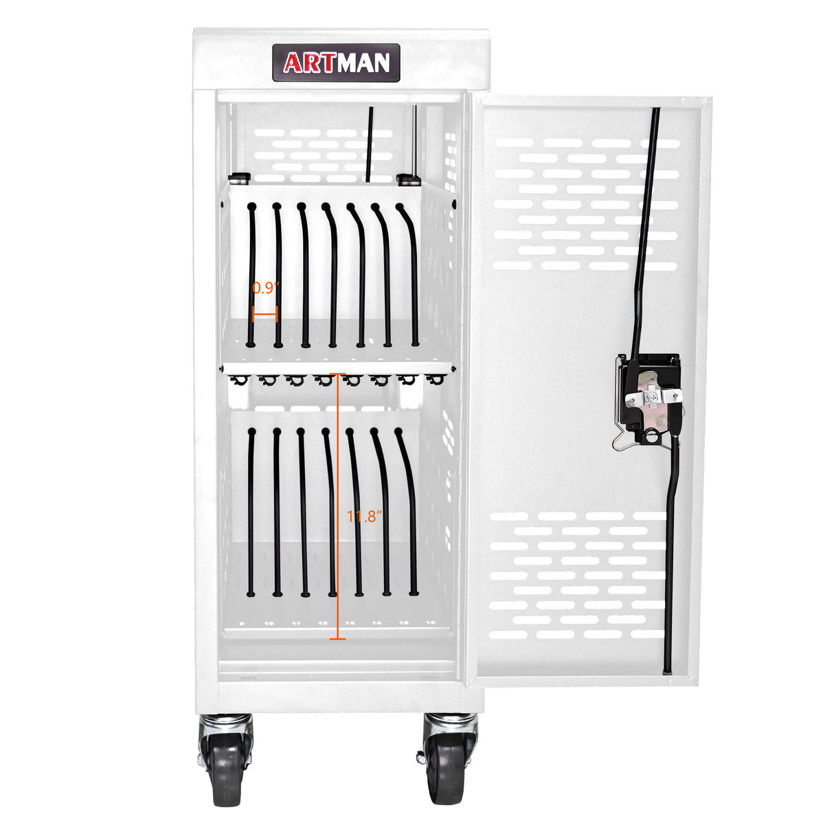 16 Bay Mobile School Charging Cart Station For Chromebook, Tablet And Laptop Computer With Power Strip Included - White