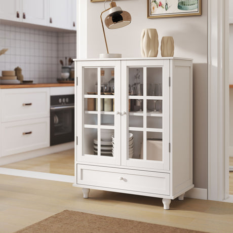 Minimalist Buffet Cabinet With Double Glass Doors And Drawer