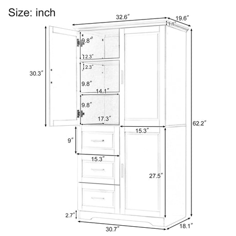 Tall Wide Storage Cabinet With Doors, 3 Drawers