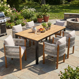 7 Piece Outdoor Dining Set With Table And Chairs - Beige / Teak / White