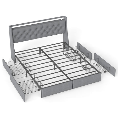 Platform Bed Frame With RGB LED Lights, Charging Station, Storage Headboard & 4 Underbed Drawers