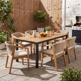 7 Piece Outdoor Dining Set With Table And 6 Chairs - Beige / Brown Mix / Light Teak / Teak