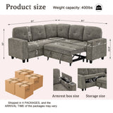 5 Seat Reversible L - Shaped Sleeper Sofa, Pull Out Convertible Sectional Couch With Storage, USB C - Charger, Cup Holders Modular Sofa Bed - Gray