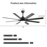 Smart Ceiling Fan With 8 Blades, Voice Remote Control, 6 Wind Speeds, Reversible DC Motor, 3 Color Lighting - Black