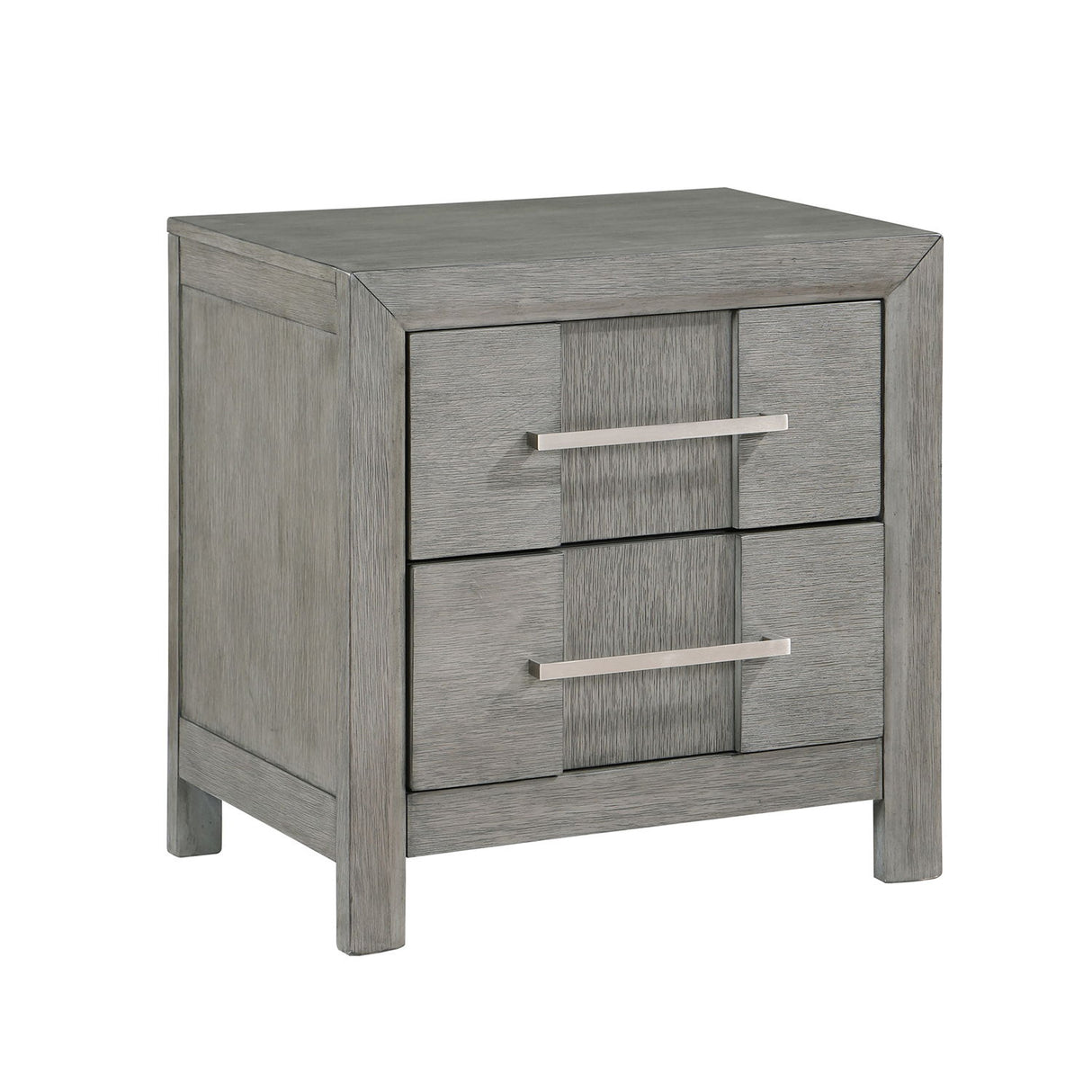 Modern 2 Drawer Nightstand In Gray Finish With Silver Metal Handles, Contemporary Bedside Table With Smooth Glide Drawers