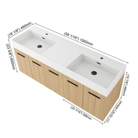 Floating Double Sink Bathroom Vanity With Extra Large Storage, Integrated Sink, Soft Close Doors, Wall Mounted Bath Vanity - Glossy White / Light Oak