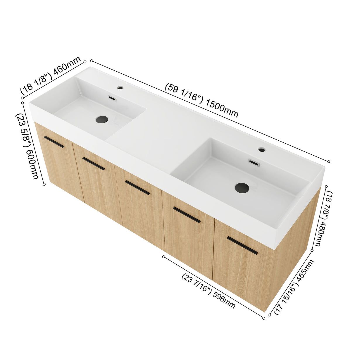 Floating Double Sink Bathroom Vanity Set With Tall Linen Cabinet, Extra Large Storage, Integrated Sink, Soft Close Doors - Glossy White / Light Oak
