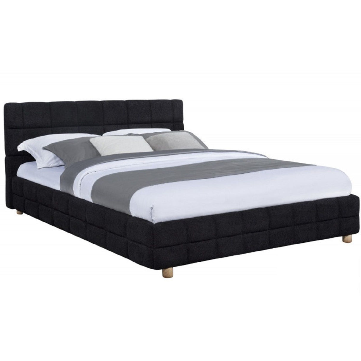 Modern Platform Bed With Upholstered Grid-Patterned Headboard