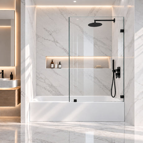 Frameless Bathtub Shower Screen, Reversible Installation