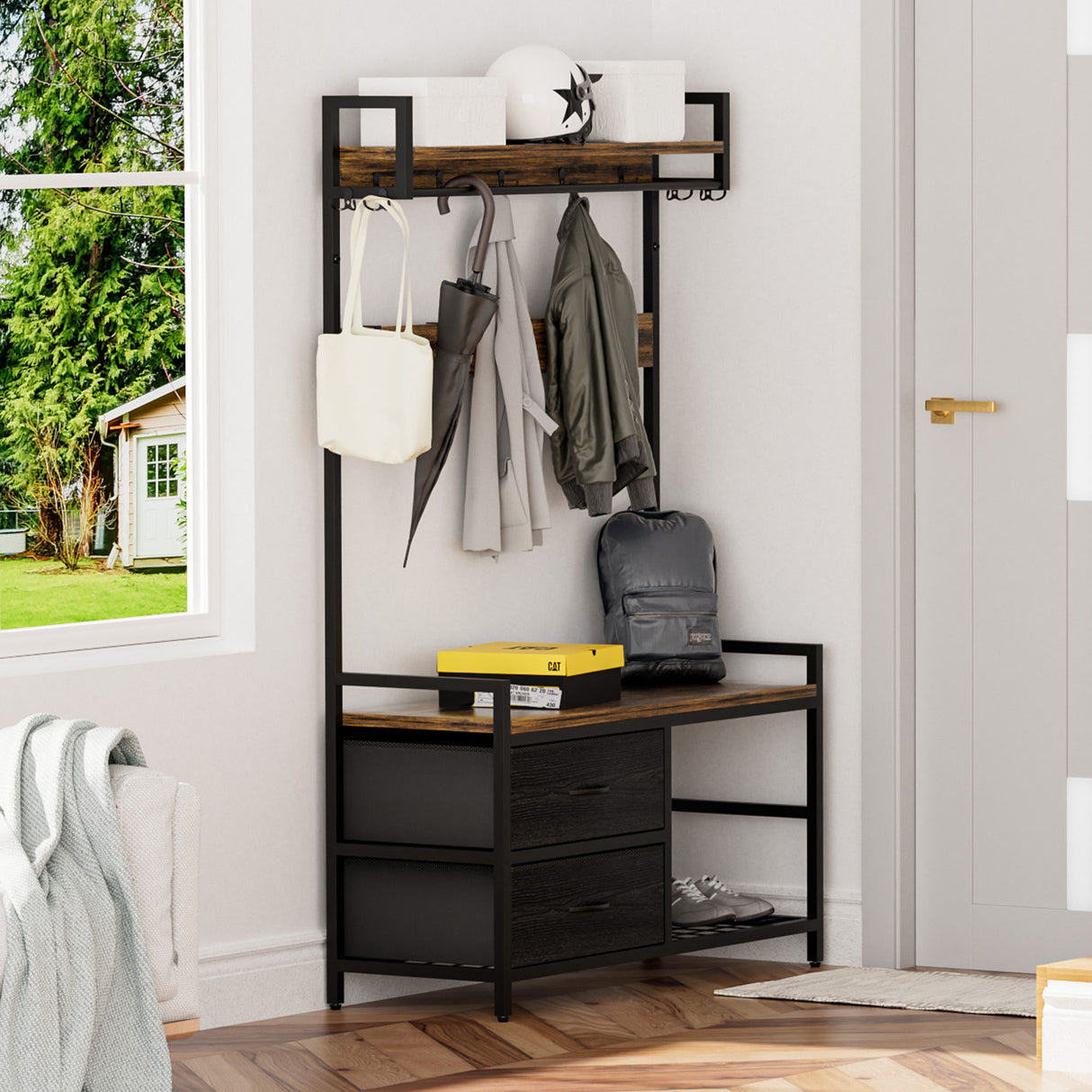 Hall Tree With 2 Movable Drawers, Shoe Storage, Shelves, Garment Racks, And 23 Hooks For Entryway - Rustic Brown