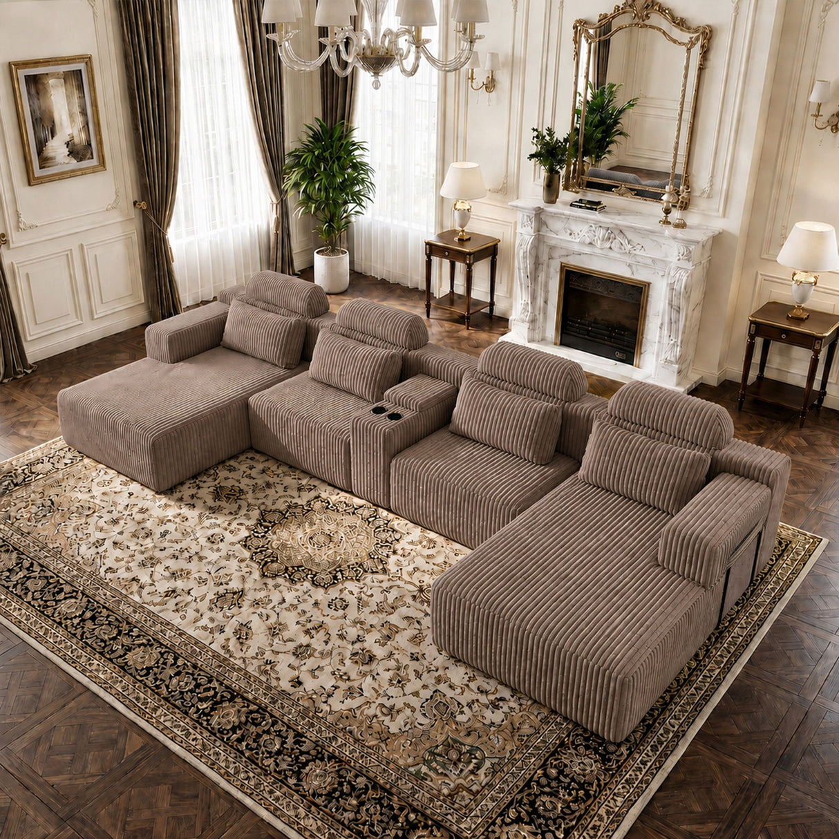U-Shaped Sectional Sofa With Chaise Lounge And Cup Holders
