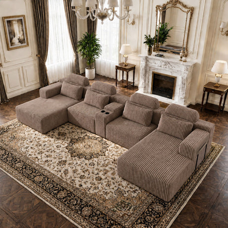 U-Shaped Sectional Sofa With Chaise Lounge And Cup Holders