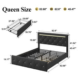 Upholstered Bed Frame With LED Lights, 4 Storage Drawers, Charging Station