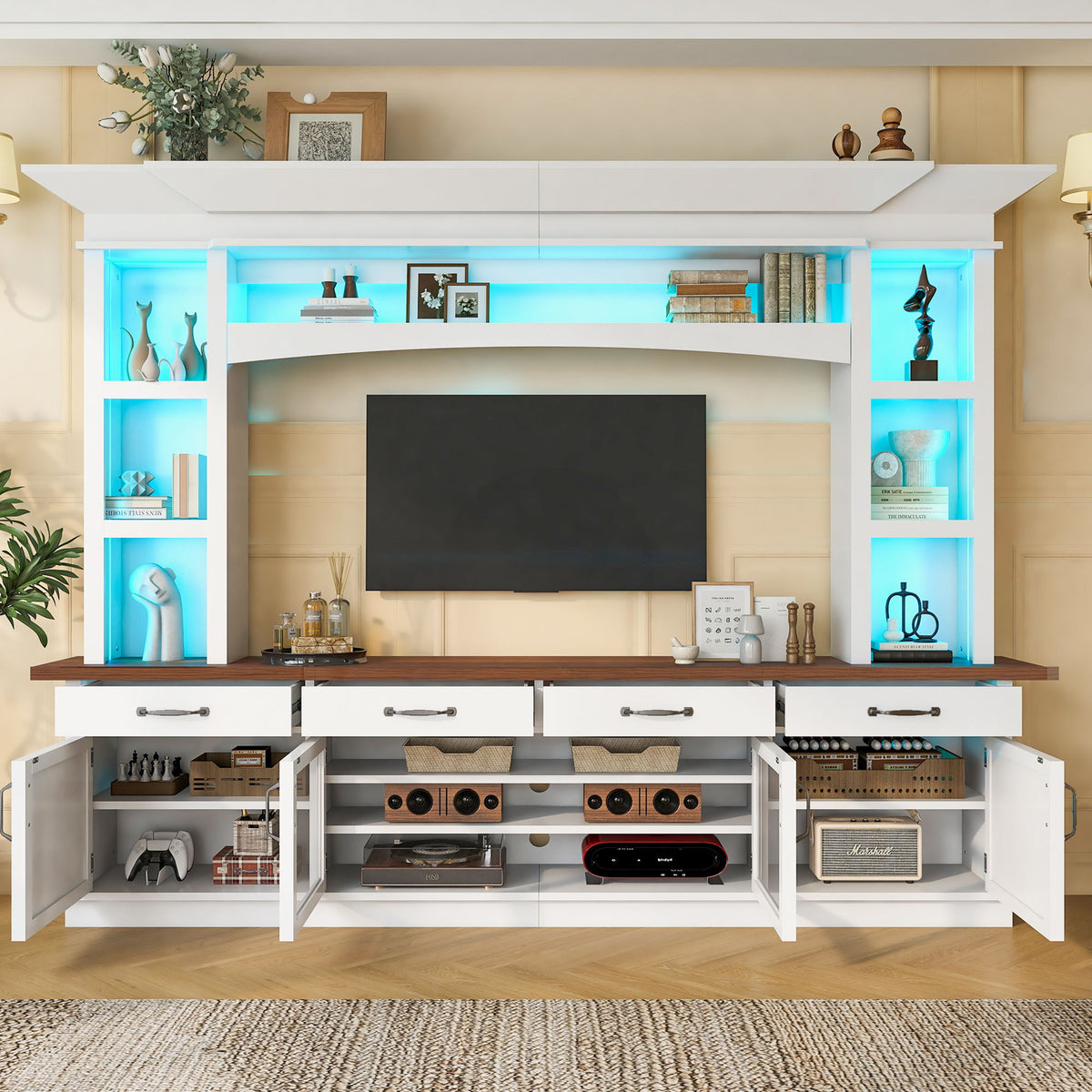 Extra Long TV Stand With 7 Color LED Lights, Adjustable Shelves & Storage Cabinets