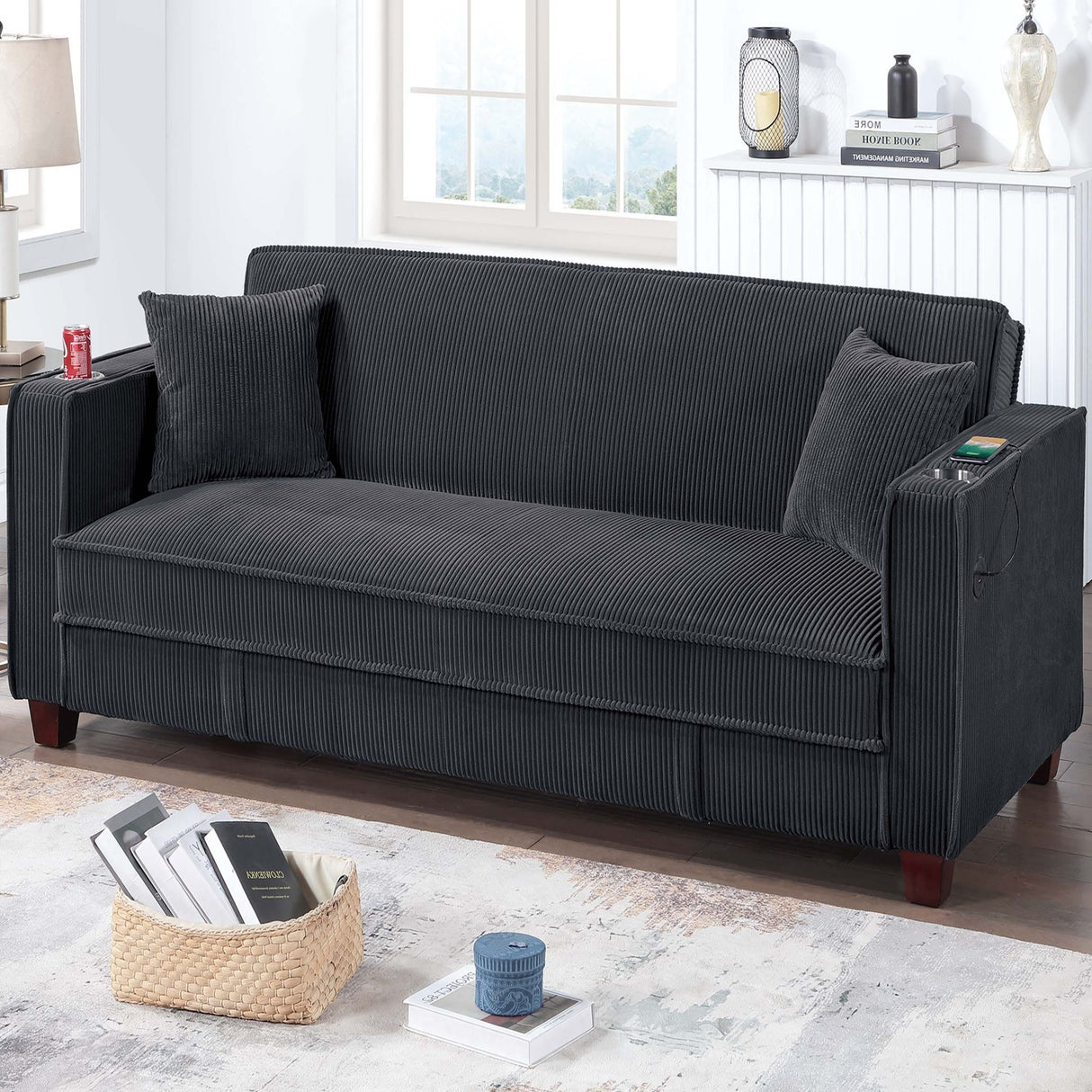 Modern Convertible Sofa With Hidden Storage USB Port, Cup Holder