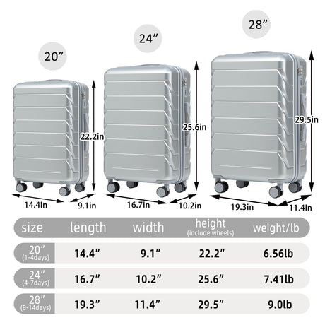 3 Pieces Set 20" / 24" / 28" Spinner Wheel Luggage With Combination Lock