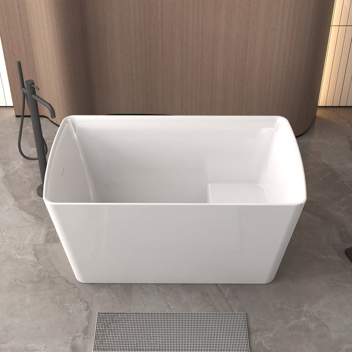 Freestanding Bathtub With Built In Seat, Rectangle Shape, Invisible Overflow & Pop Up Drain - Gloss White