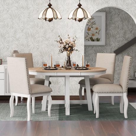 Round Extendable Dining Table Set With 4 Upholstered Chairs