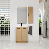 Freestanding Bathroom Vanity Set With Tall Linen Cabinet, Single Sink, Extra Storage, Soft Close Doors - Glossy White / Light Oak