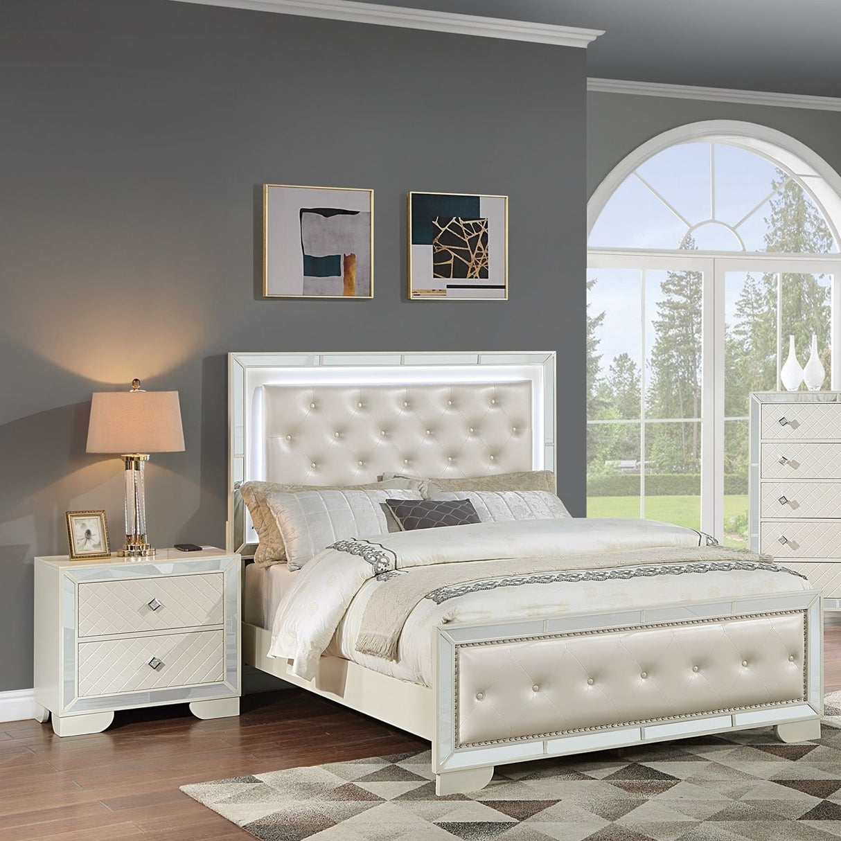 3 Piece Bedroom Set, Bed With LED Lights And 2 Nightstands