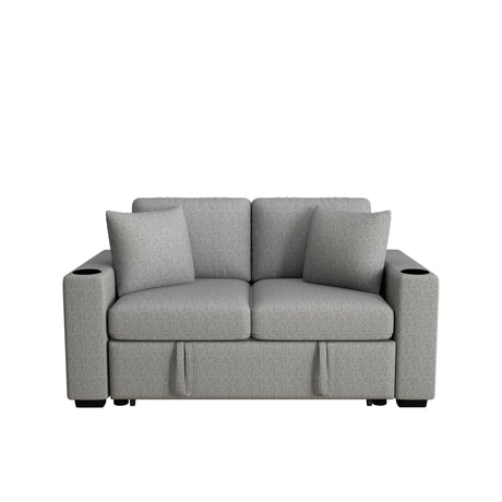 Modern 2 Seater Loveseat Sofa With Pull-Out Bed, Fabric, Built-In USB Ports & Cup Holders